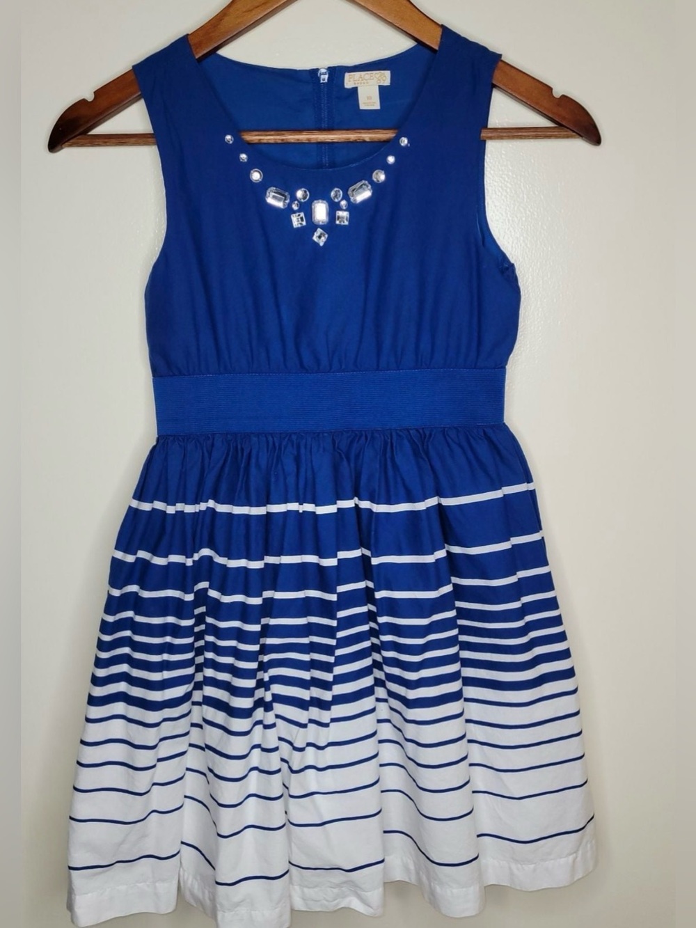 Girls The Children’s Place Striped Dress Navy Blue White Rhinestone Size 10 - Picture 1 of 10